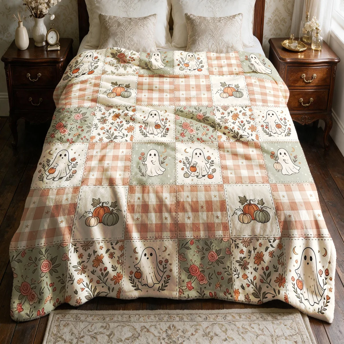 1pc Pastoral Plaid Patchwork Floral Scatter Pumpkin Autumn-Themed Flannel Blanket - Large Size, Soft, Lightweight, and Warm, Sui