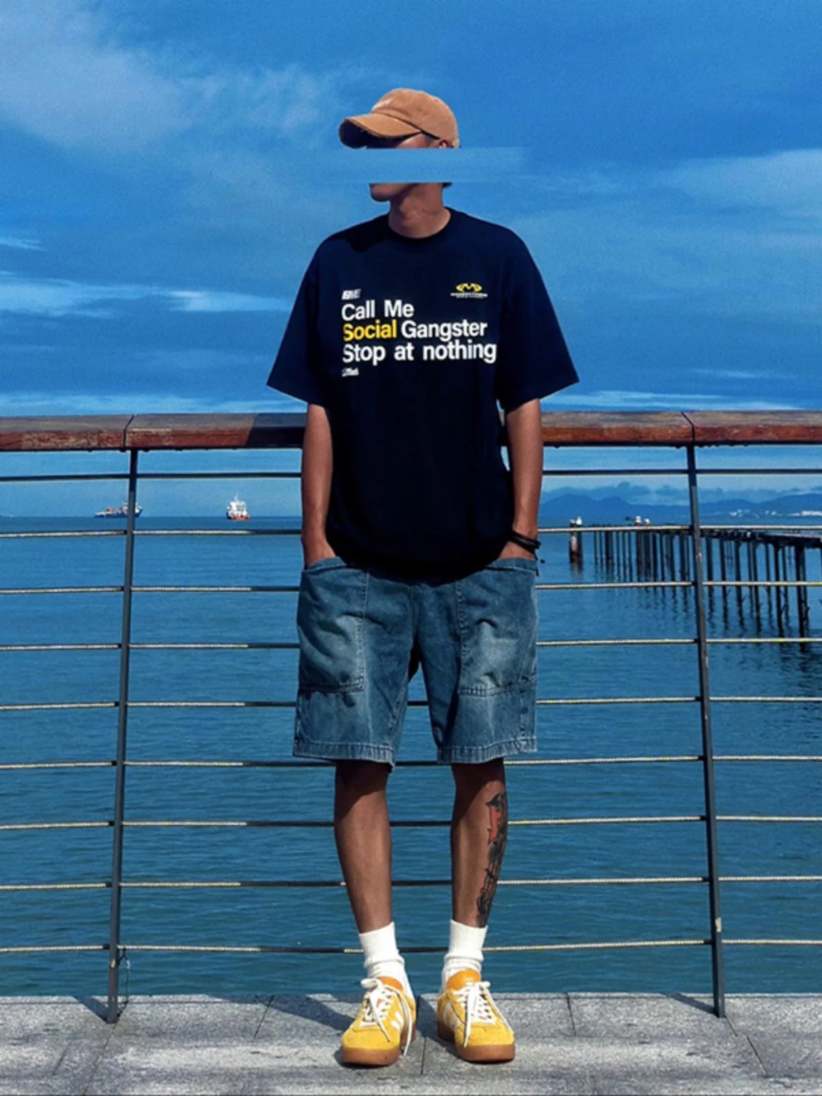 

Blue Denim ort Pants Men's Summer American Retro Log Cutting Workwear High Street Small ence Five-Point Pants