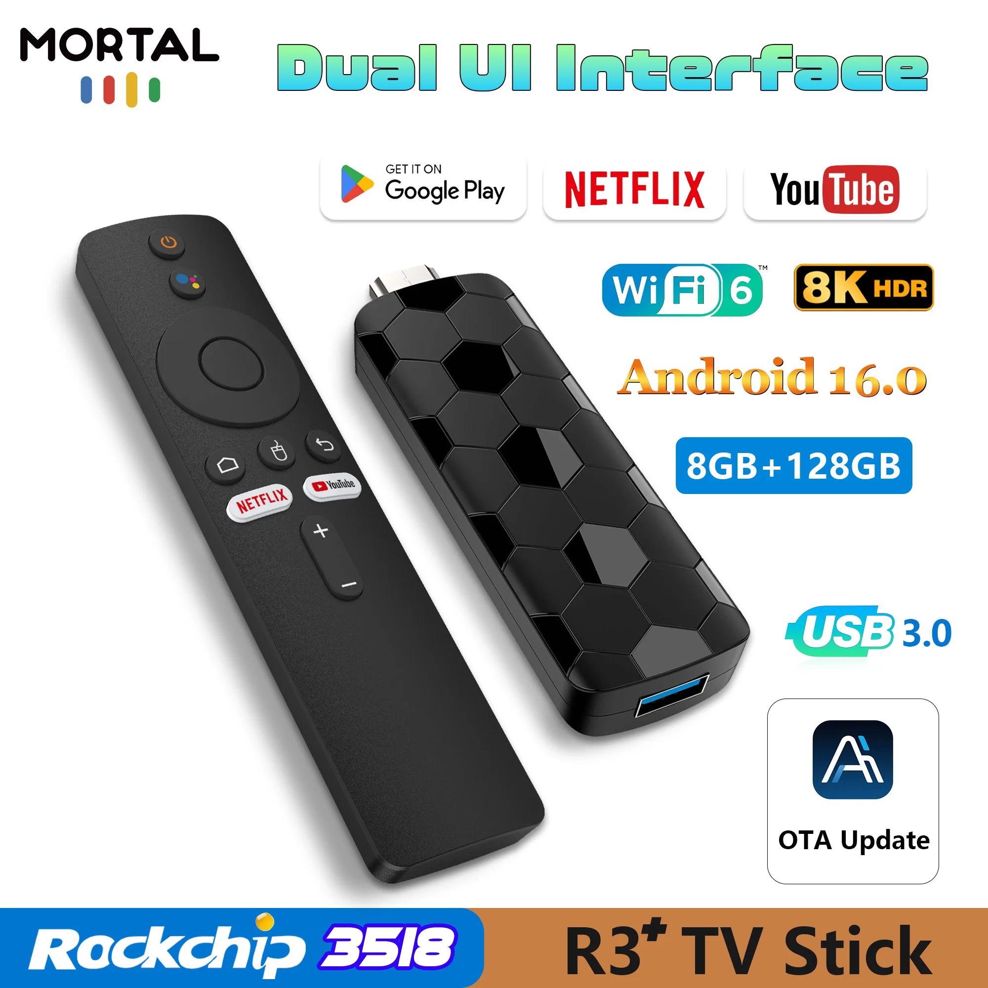 Mortal R3+ TV Stick Android 16 رباعي النواة WiFi 6 8G 128GB Voice Google Assistant 4K UHD H.265 BT5 فك تشفير مشغل الوسائط المتدفقة