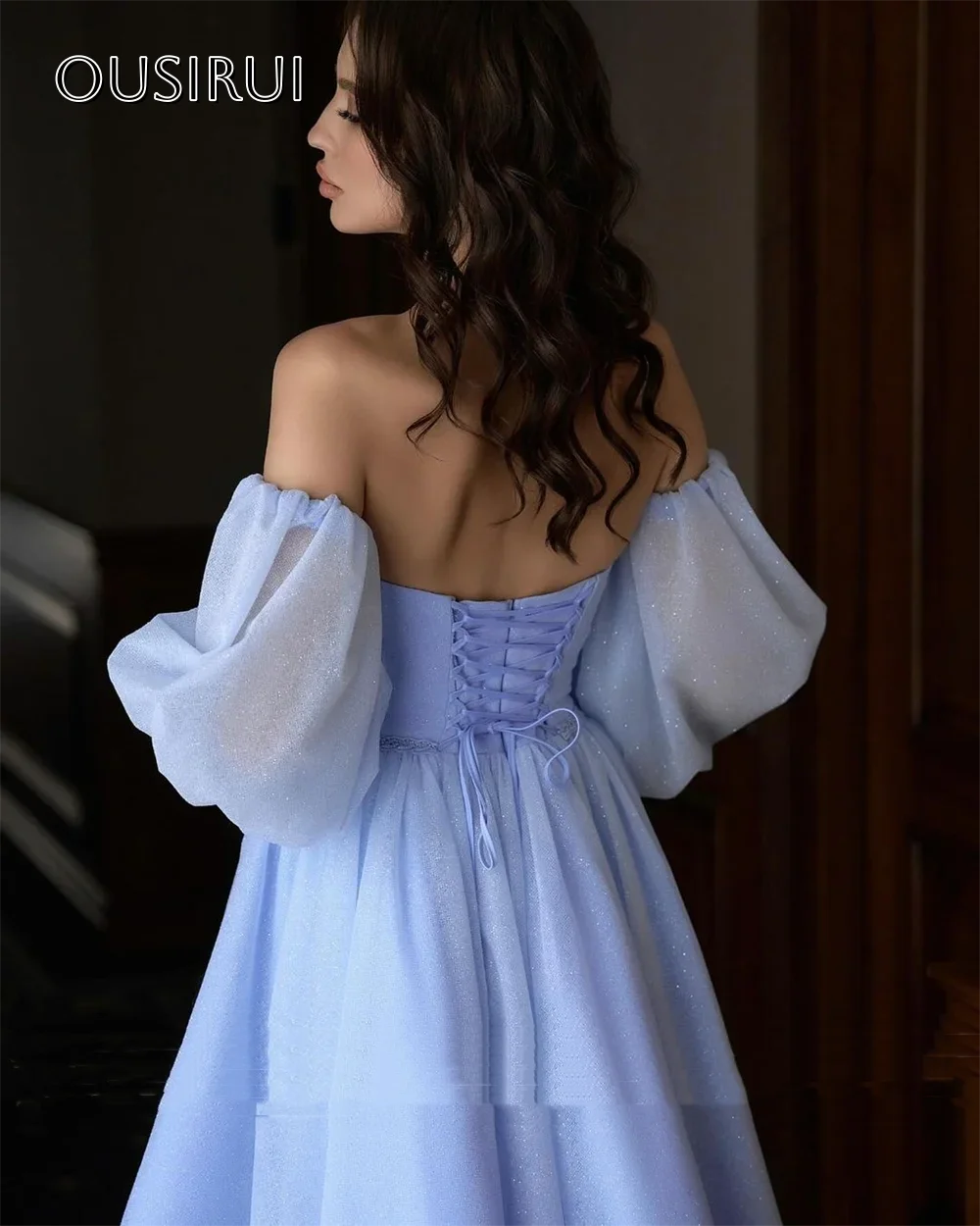 Glanzende sprankelende korte strapless a-lijn cocktailjurken met veters en afneembare pofmouwen Op maat gemaakte vestidos de festa
