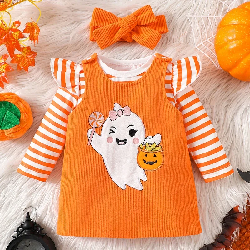 3Piece Sets Autumn Baby Clothes Girl Halloween Cartoon Cute Long Sleeve Stripe Tops+Corduroy Dresses Newborn Photography BC254