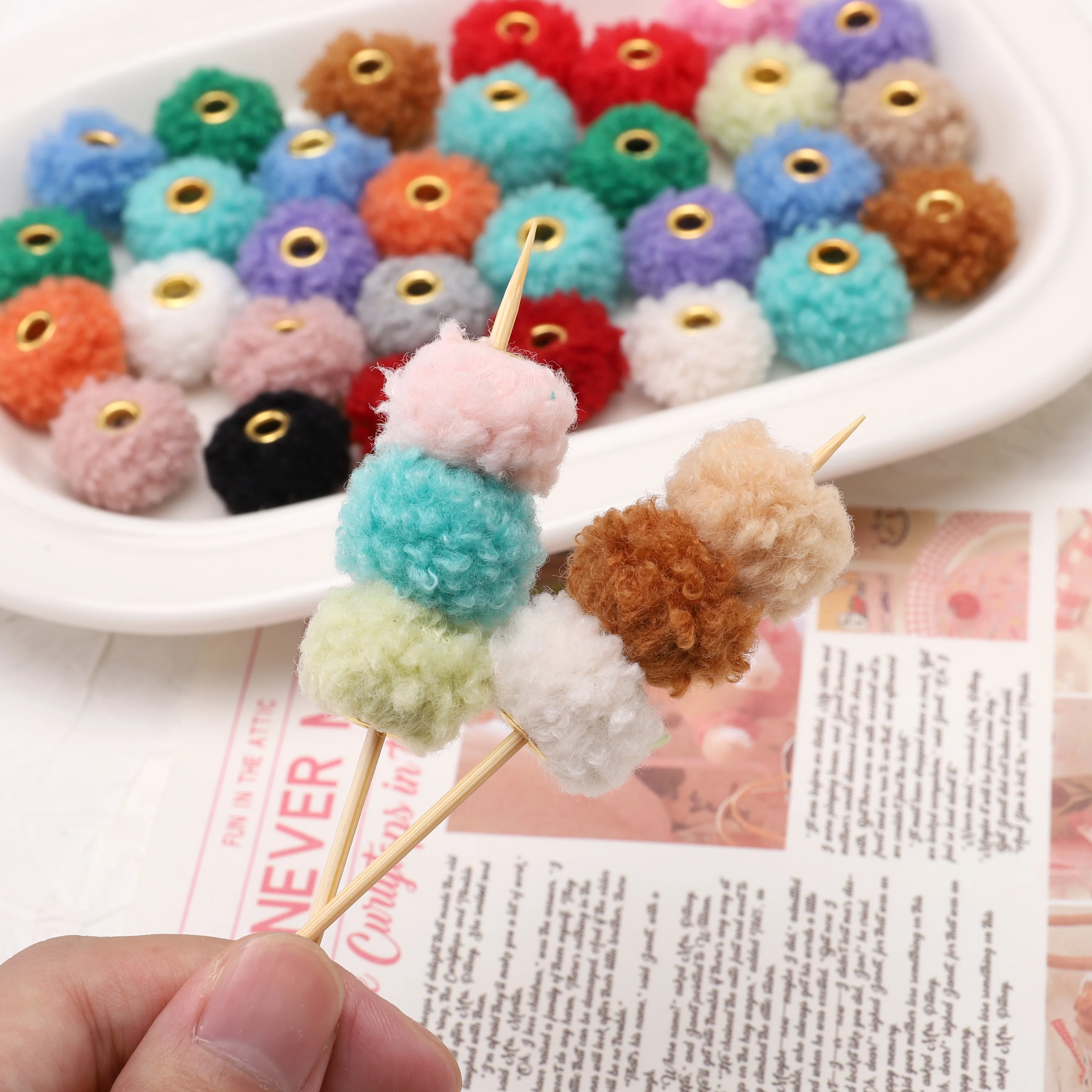 5/10Pcs 18x13mm Polyester Through-hole Imitation Teddy Hair Spacer Beads Pompom Ball Beads For Jewelry Making DIY Accessories