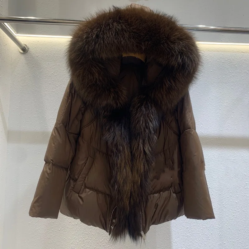 Luxury Female Fox Large Fur Collar Duck Down Coat Down Jacket Winter Short Outerwear Fur High-end Brand New Faux Fur Coat