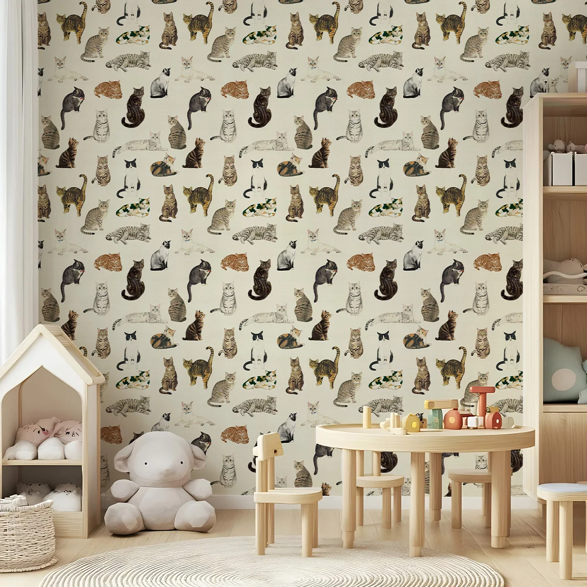 วอลเปเปอร์ลายแมวน่ารักสีเหลืองแบบลอกติด โมเดิร์น กันน้ำ สติ๊กเกอร์ติดผนังไวนิลลายสัตว์ ตกแต่งผนังห้องนั่งเล่นสุดชิคและน่ารัก