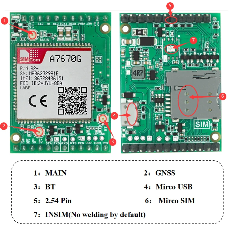 SIMCOM  A7670E  4G Cat 1 with GSM GPS Module development Core Board support TTL  Serial Port Mirco USB Voice