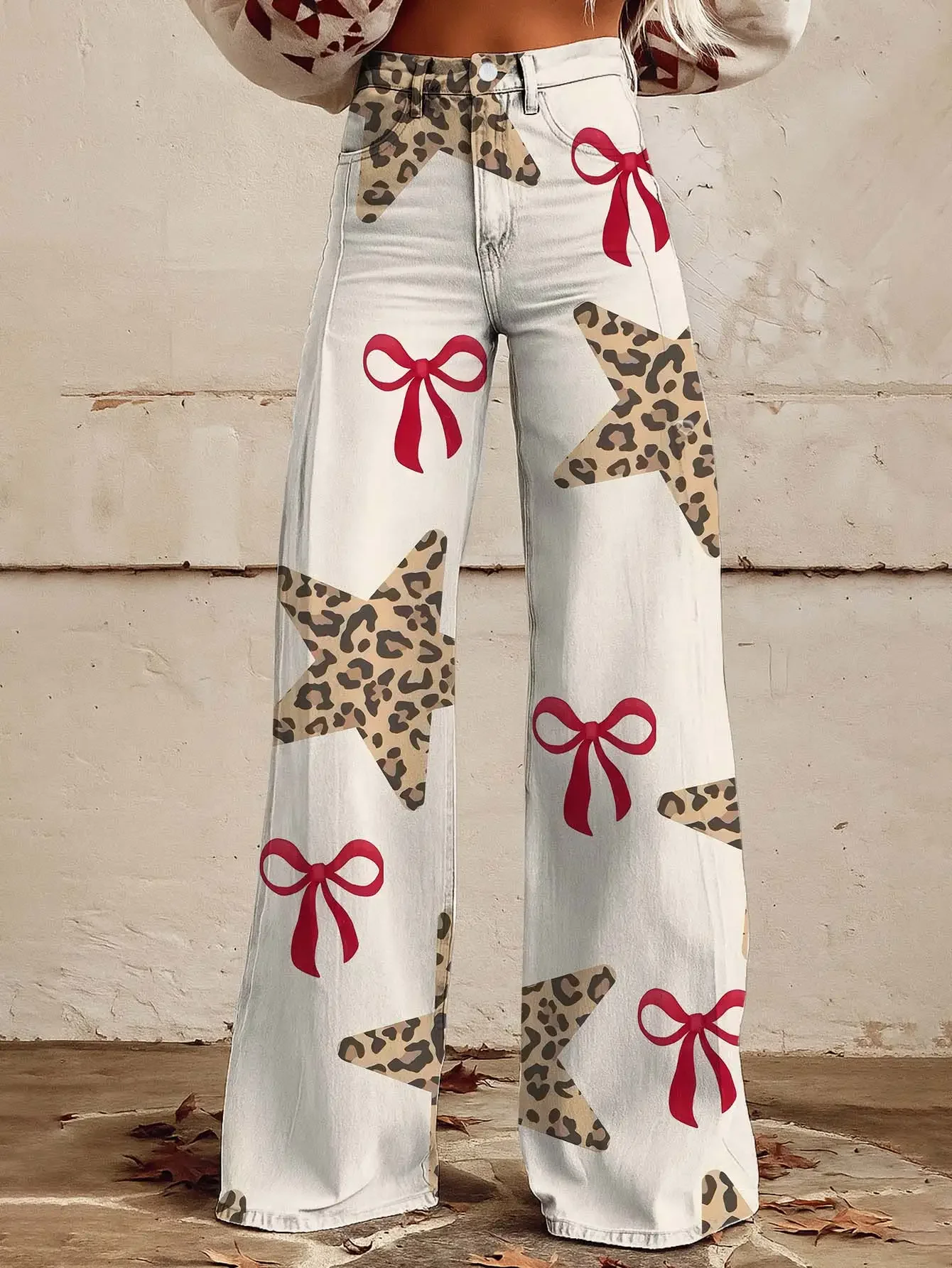 Women's new printed jeans with denim like fabric, casual and fashionable, Red background and leopard print combination