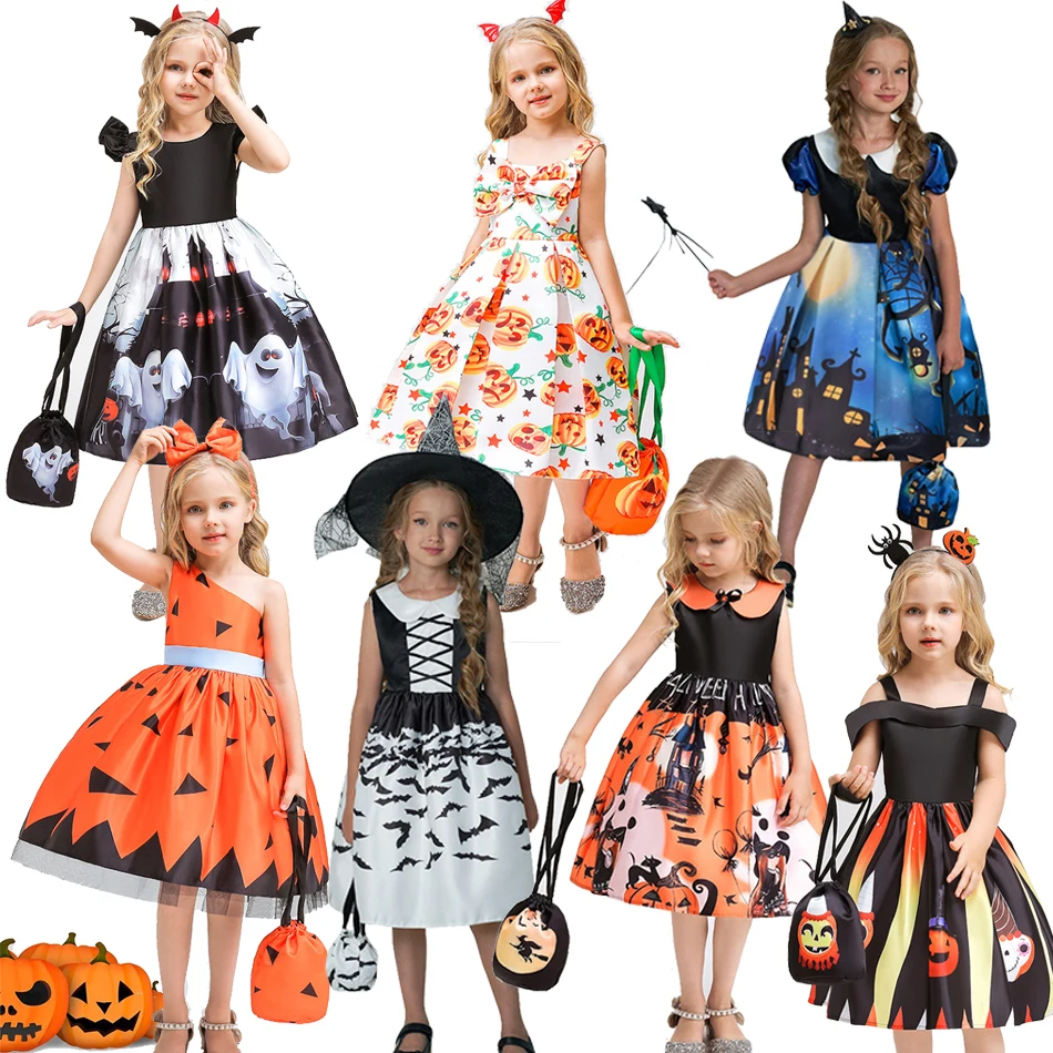 

Witch Cosplay Dress Ghost Spider Cartoon Print Vestido Girls Halloween Party Children Costume Kids Performance Clothes With Bags