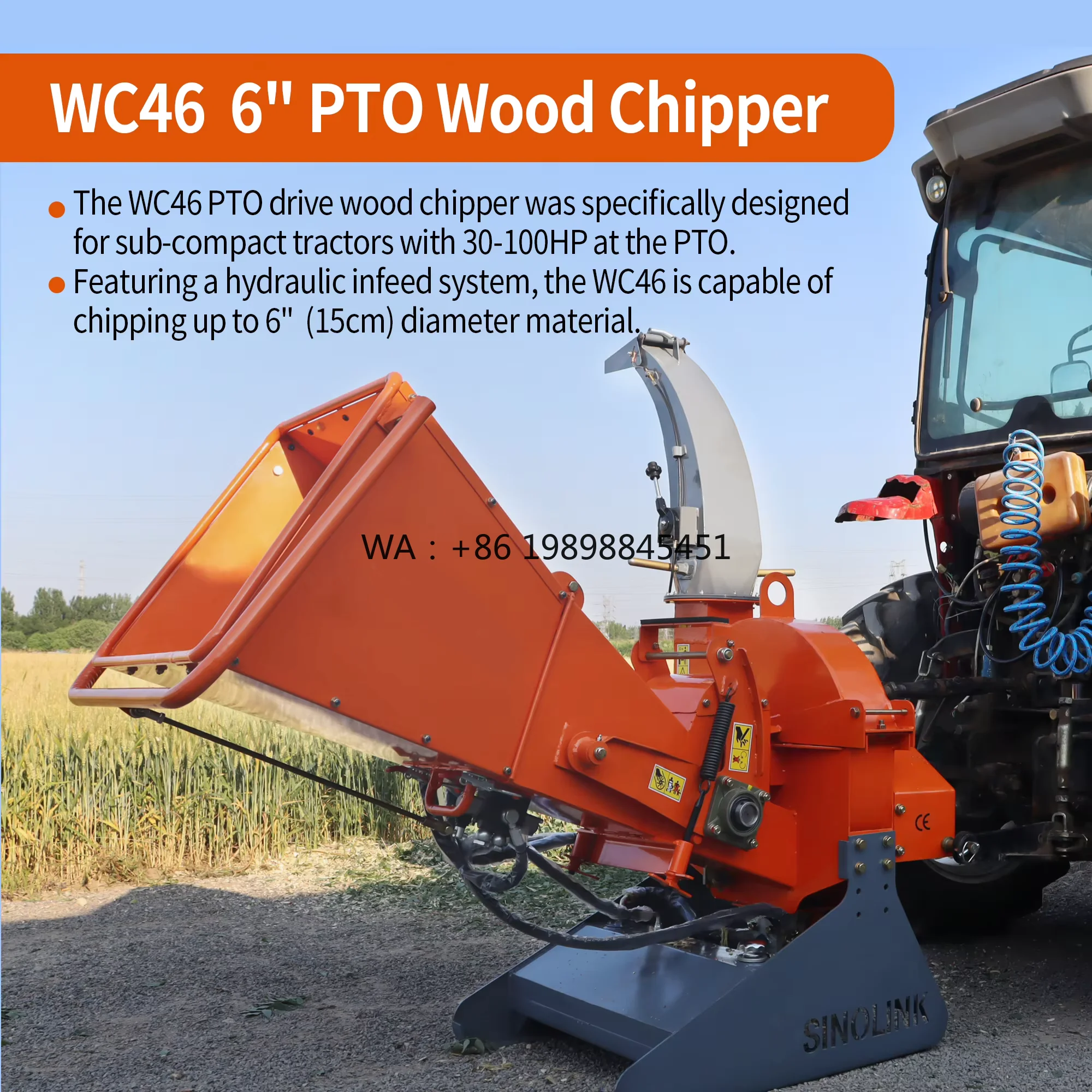 Wood Chipper WC46 Trailer  Wood Crusher for Forest Clearing & Farm Waste Disposal Heavy Duty PTO Tractor Rear