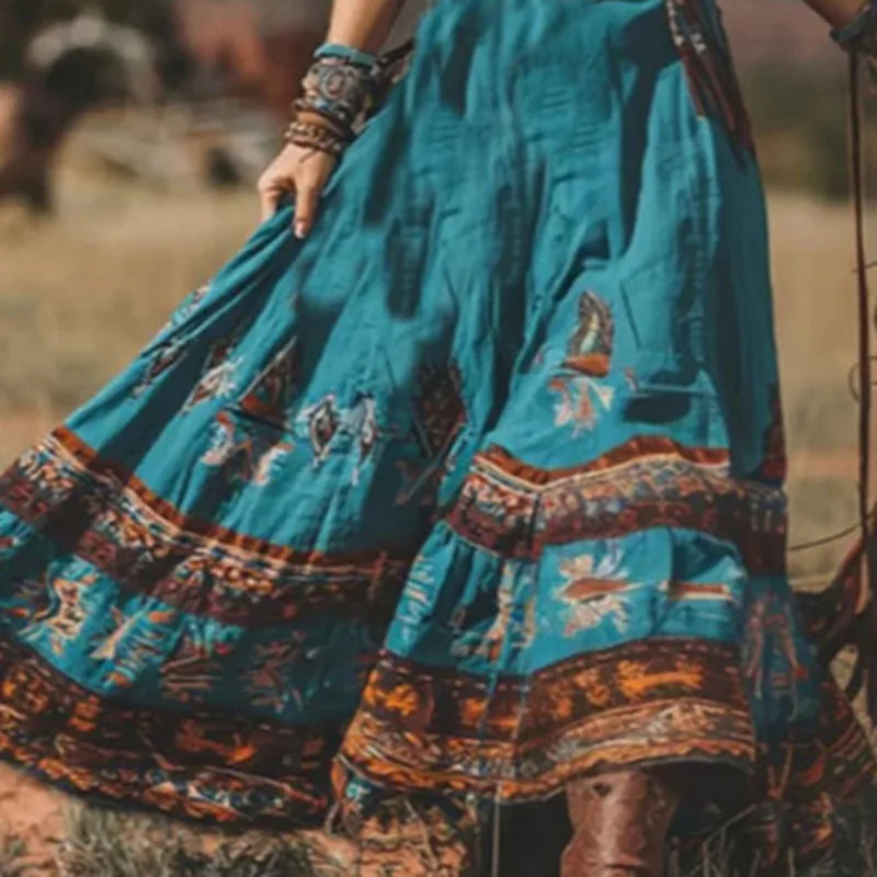 Ethnic Print Loose Hem Boho Western Dress 2026 Spring V Neck High Waist Long Dress Summer Short Sleeve Vacation Maxi Dress Mujer