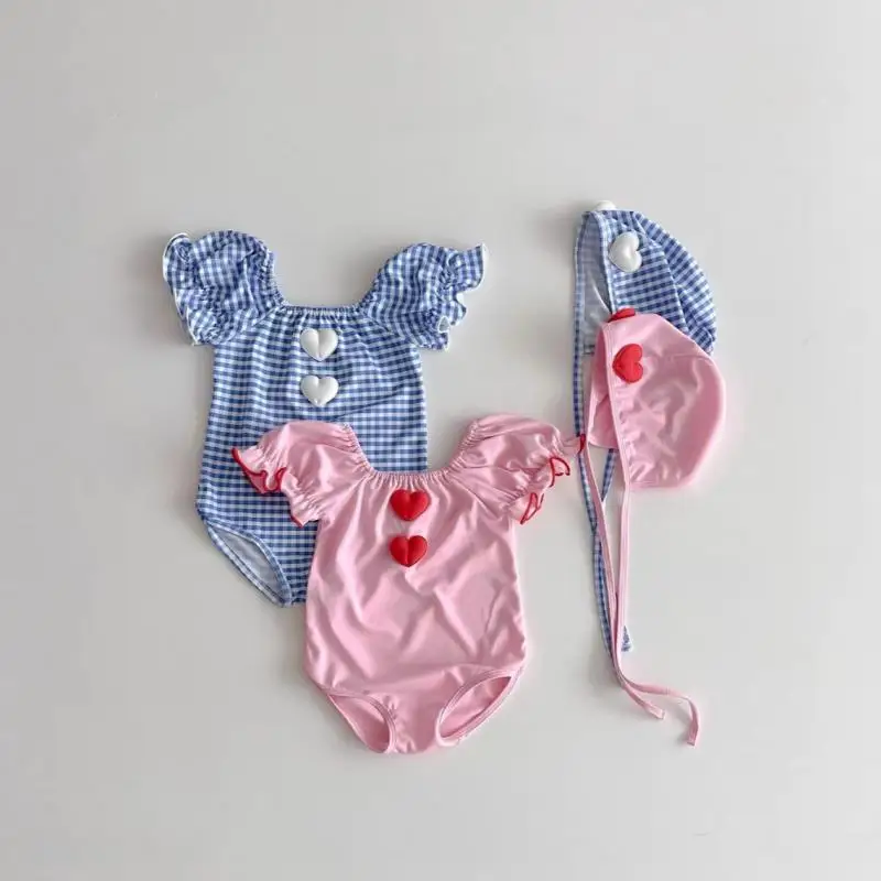 2026 Summer New Baby Girl Puff Sleeve Bodysuit + Hat Infant Sweet Heart Bathing Suit Toddler Girls Plaid One Piece Swimsuit