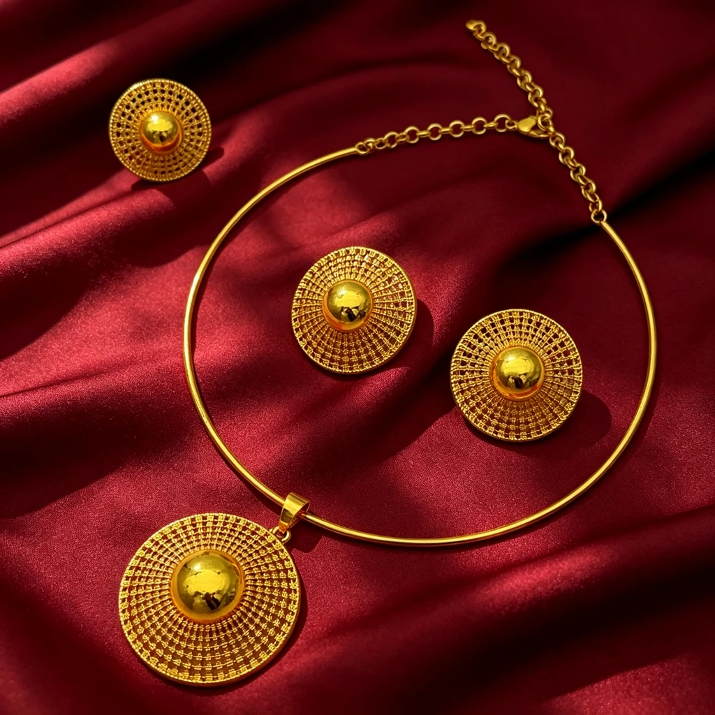 Luxuriöses afrikanisches 24k vergoldetes Halsketten- und Ohrring-Set für Frauen, indischer Dubai-Brautschmuck, Hochzeitsgeschenk, Großhandel – Detail 1