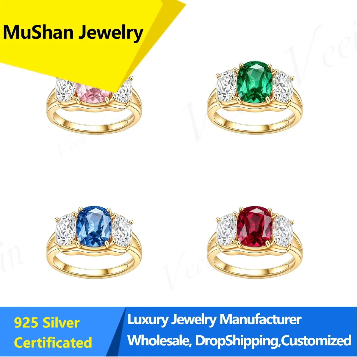 MuShan Jewelry Solid S925 Silver Three-Stone Ring Lab Grown Pigeon Blood Ruby Royal Blue Sapphire Emerald Ring