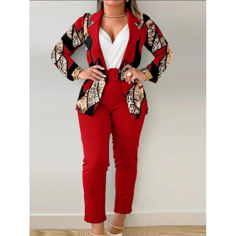 2024Amazon Independent Station New Fall Winter Fashion Printed Suit Suit Women's Clothing Containing Belt