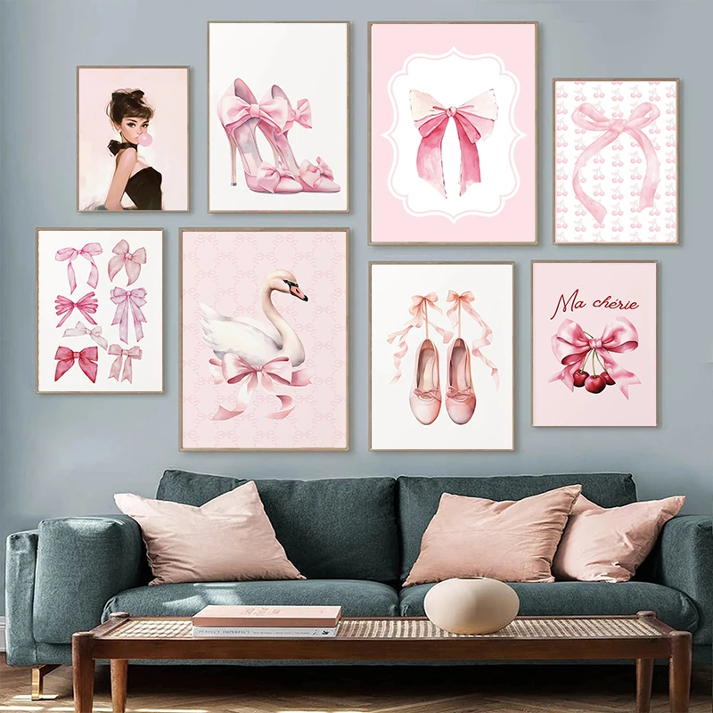 1pc frameless Canvas Painting Classic Fashion Pink Bow Ballet Cherry Cake Retro Posters Prints Canvas Painting Wall Art Picture