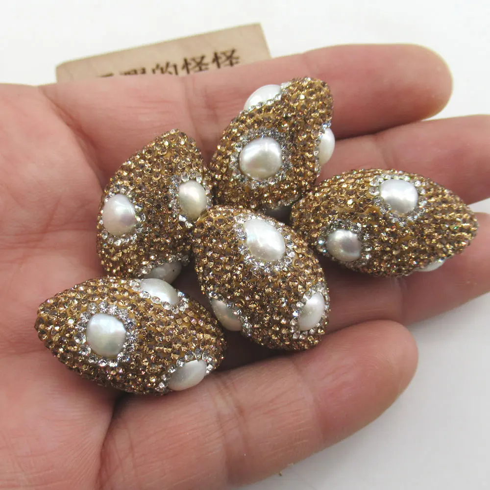 

APDGG 5 Pcs Golden Rhinestone White Keshi Pearl Spacer Beads Jewelry making accessories
