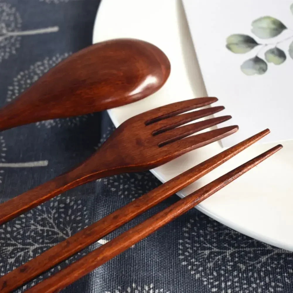 3 PCS Set Wooden Spoons Forks Chopsticks with Tangled Threads of Long Handled Solid Wood Adult Portable Spoons Forks Tableware image 6