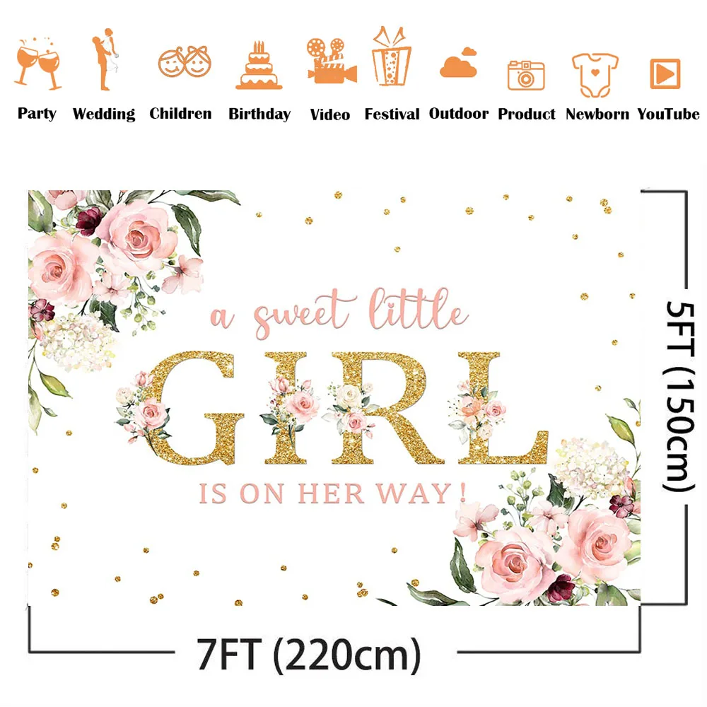 Sweet Girl Baby Shower Floral Backdrop Pink Flowers Birthday Background for Newborn Kids Children Baby Shower Party Decorations