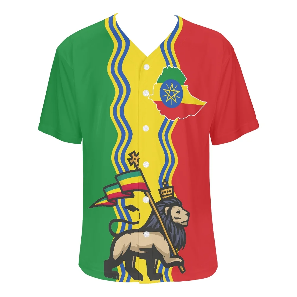 Baseball Shirt Short Sleeve For Adult Fashion Ethiopia Flag Print Luxurious V-Neck Short Sleeves Men Baseball Harajuku Clothes