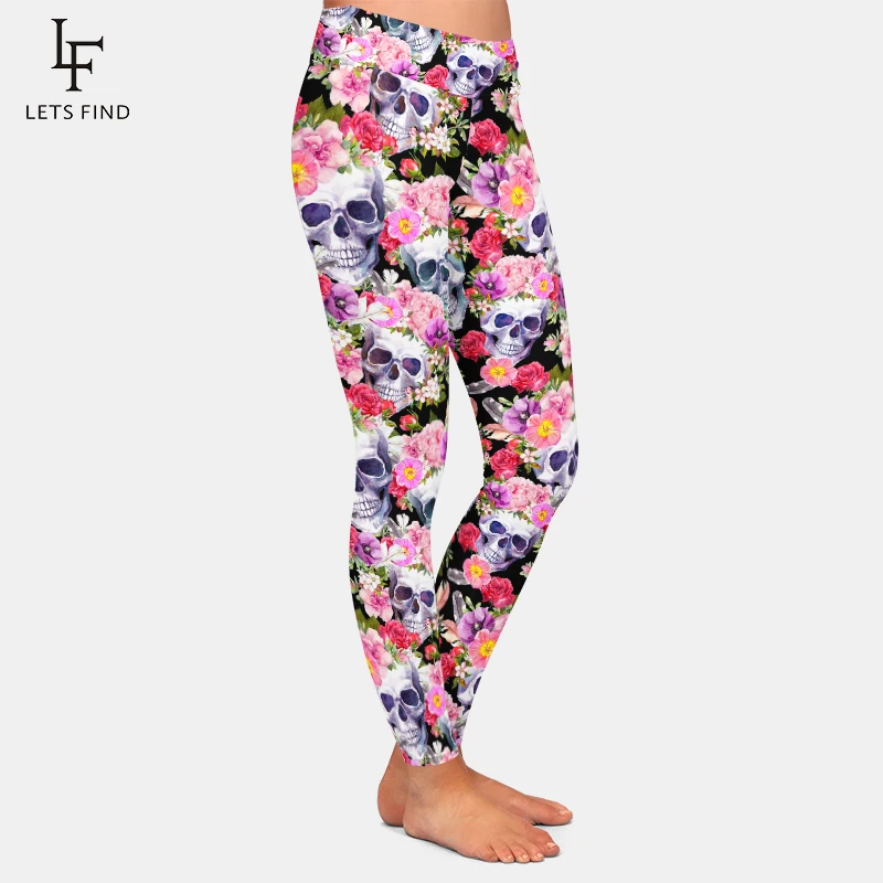 LETSFIND Fashion Sexy Printed Leggings 3D Human Skulls with Flowers Print Women High Waist Comfortable Leggings