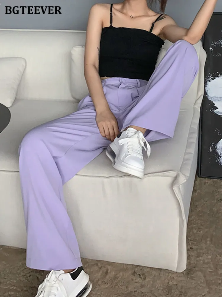 BGTEEVER Sommer Gerade Hosen für Frauen Hohe Taille Einzigen Taste Lose Weibliche Breite Bein Hosen Solide Damen Anzug Hosen