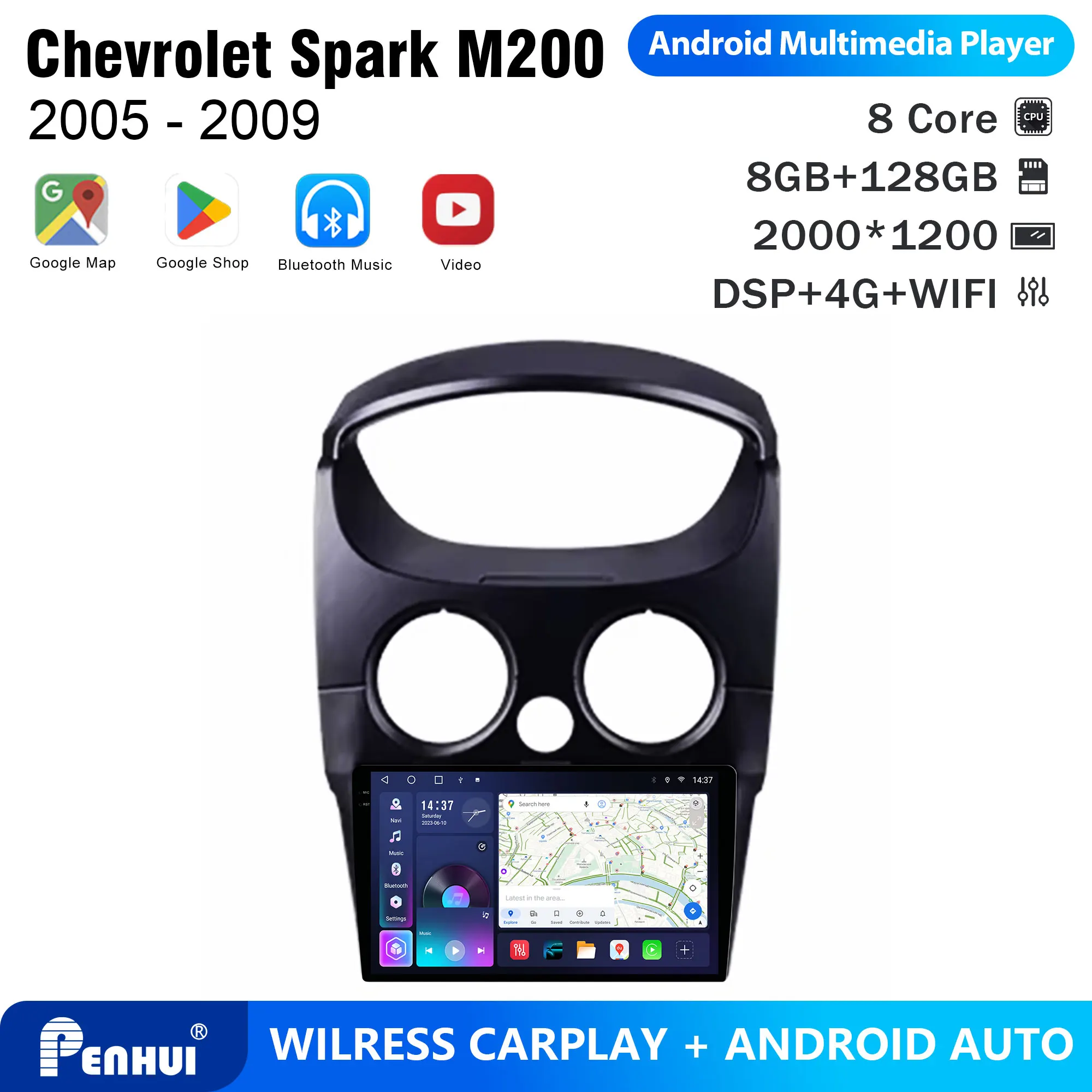Penhui Android Car DVD Player 2 Din for Chevrolet Spark M200 2005 - 2009 Multimedia Screen with DSP, Bluetooth, Audio & CarPlay