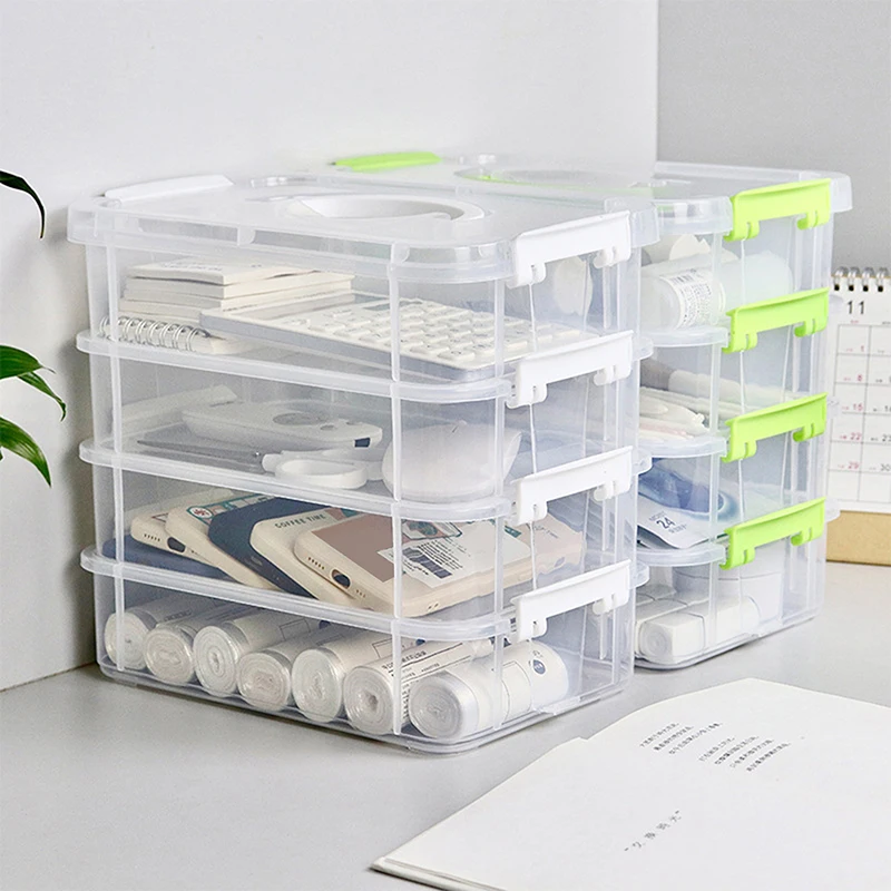 Organizador de almacenamiento de escritorio apilable de 4 capas, caja organizadora de maquillaje de plástico transparente, contenedor de joyería duradero, mesa con cajones