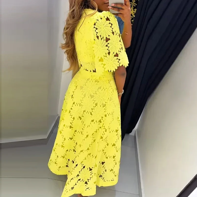 Fashion O-neck Pullover Top & Long SKirt Set Women Casual Short Sleeve Solid Party Outfits Elegant Lace Hollow A-Line 2Pc Suits