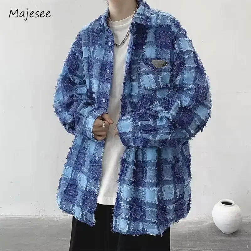 Jackets for Men Retro All-match Casual Spring Autumn Turn-down Collar Raw Edge Sequined Plaid American Style Teenagers Advanced