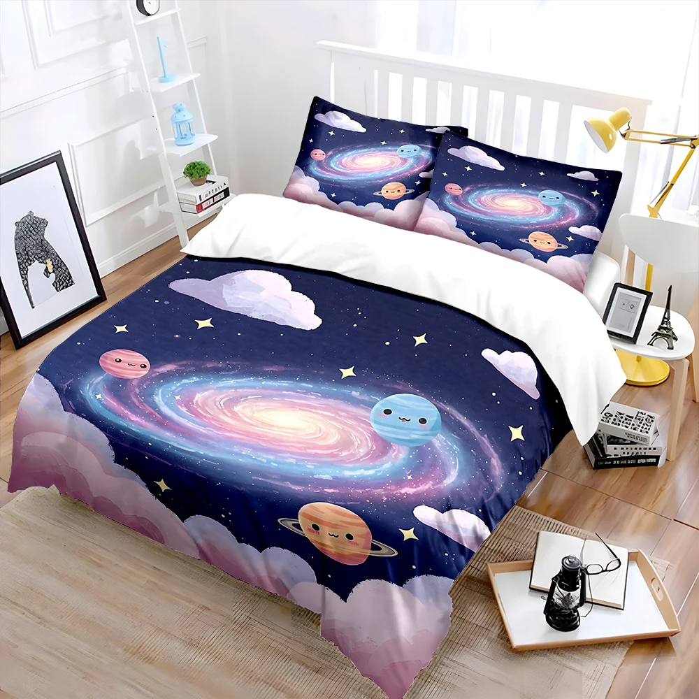 Cute planets with dreamy galaxy Pattern Duvet Cover Set Digital Print Polyester Bedding with Zipper Closur for kids gifts