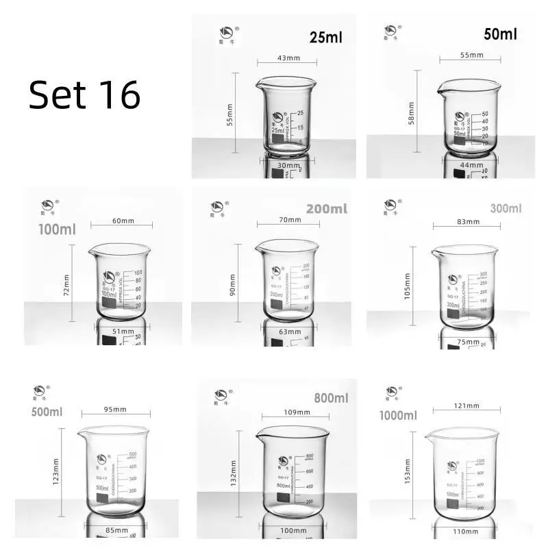 1set Different Sets Laboratory Borosilicate GLass beaker Scaled Measuring Cup Heat-resist Glass chemical container
