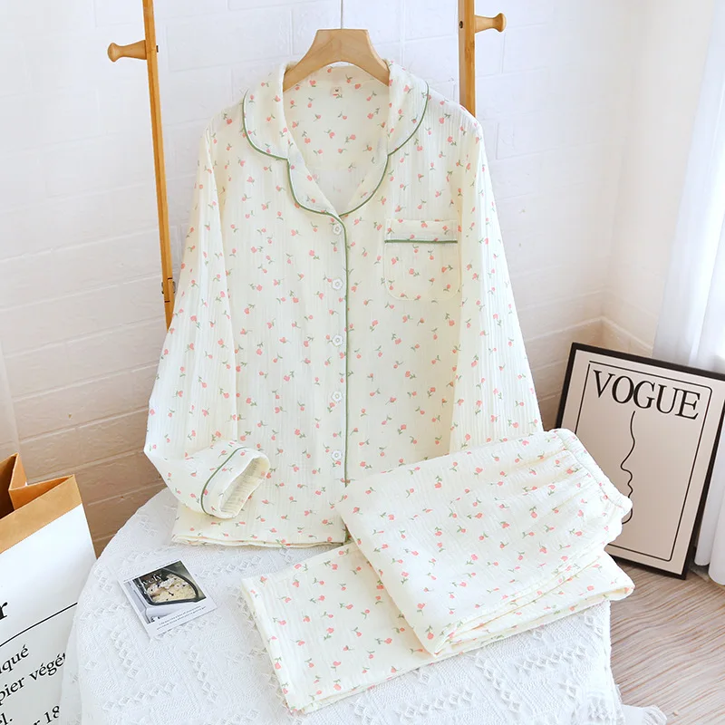 Cotton Flannel Women's Long Pants Pajamas Sets for Sleepwear Plaid Design Loose Autumn and Winter Long Sleeve Trouser Suits