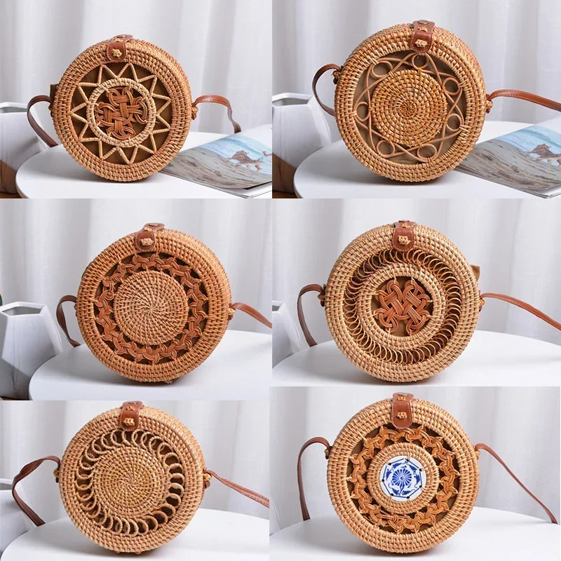 Handcrafted Rattan Ins Storage Bag Eco-Friendly Hollow Phone Pentagram Shoulder Bag with Stylish PU Leather Buckle Closure