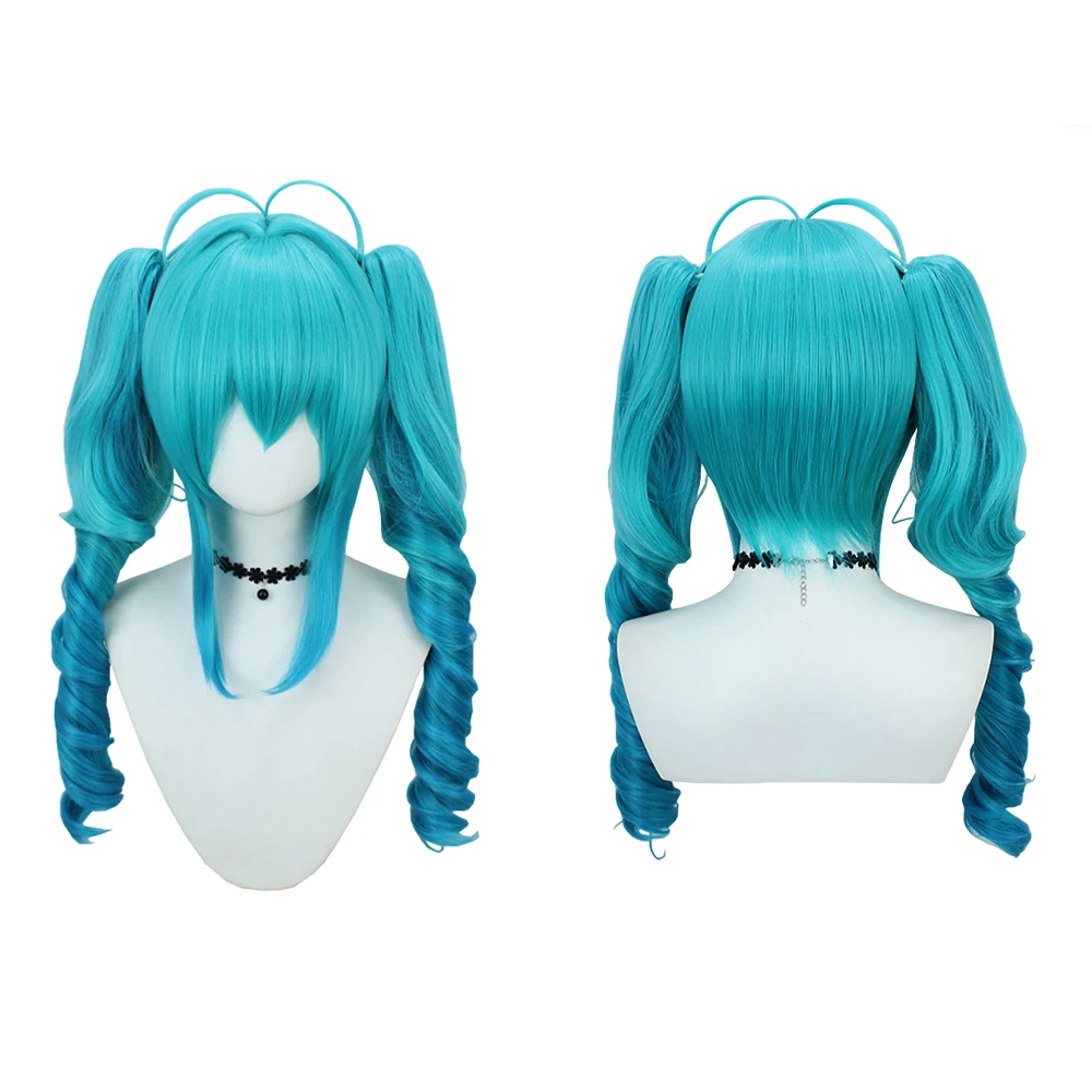 28-Inch Cosplay Synthetic Hair With Bangs, Miku Cyan-Blue Gradient Color, Curly Ponytail At The End, Halloween Party Wig