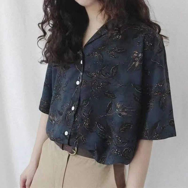 Women\'s Vintage Loose Printed Single-breasted Shirt Summer Female Clothing Fashion Casual Short Sleeve Turn-down Collar Blouse