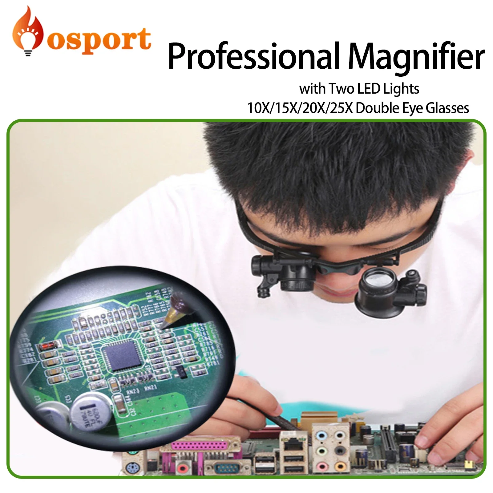 Professional Magnifier with Two LED Lights 10X/15X/20X/25X Double Eye Glasses Type Watch Repair Jeweler Inspect Tool