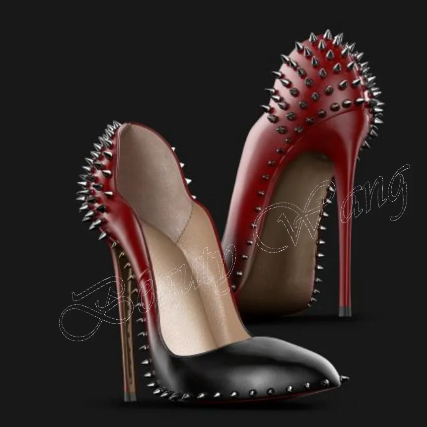 

Black Red Rivet Docor Pumps Shallow Cover Heel Stilettos Thin High Heels Women Shoes 2023 New Big Size Zapatos Para Mujere