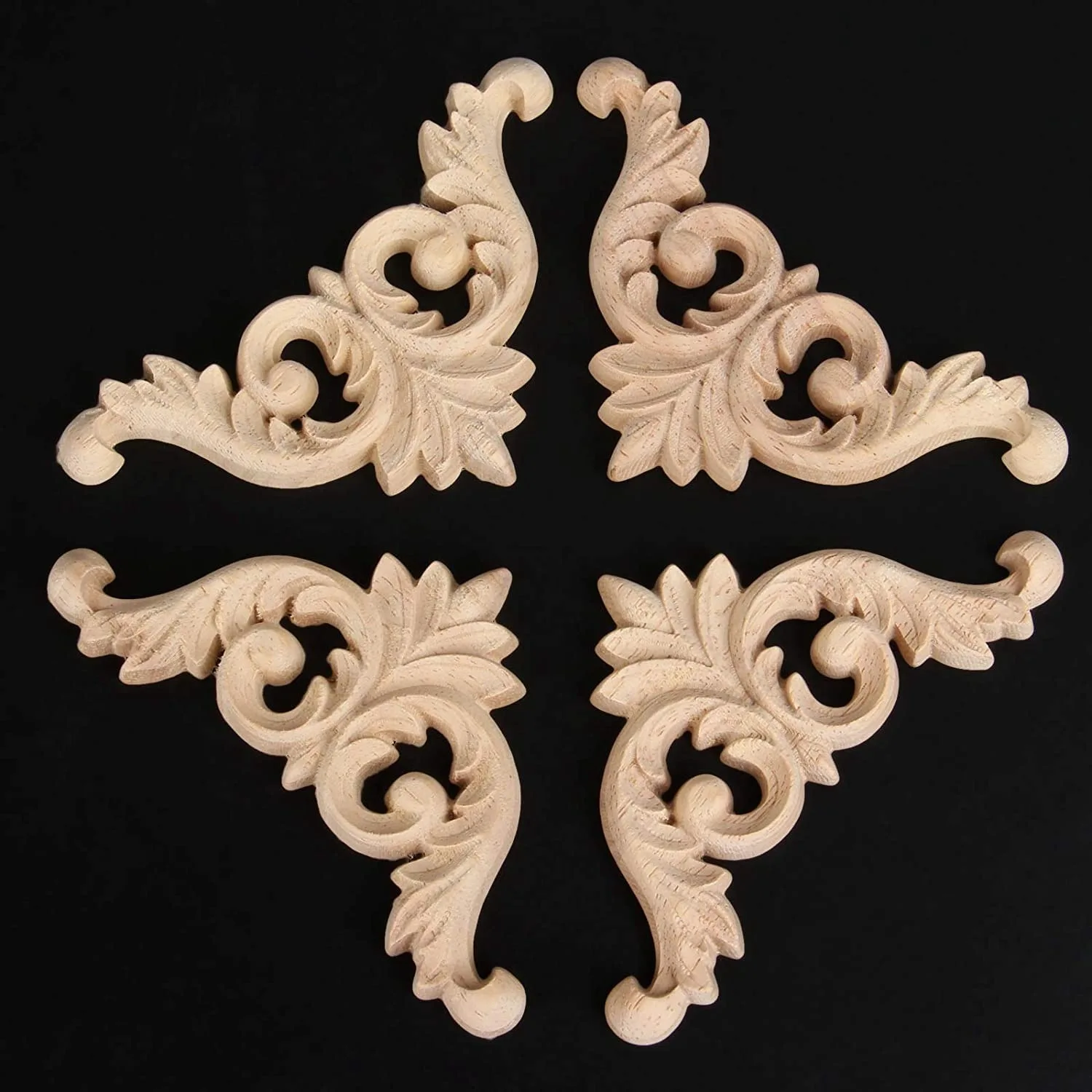 F-3C Holz geschnitzte Eckleisten Onlay Applikation unbemalt Möbeldekoration 4 Stück 12 x 12 cm