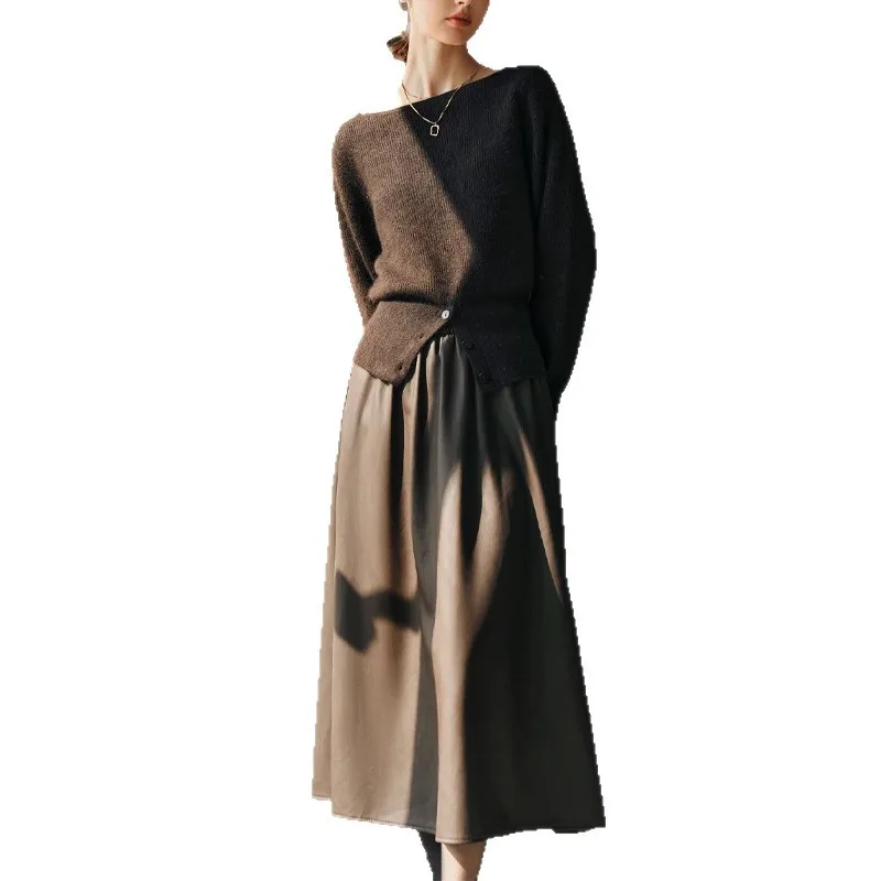 2025 スリットヘム ウエストシェイプ オーバーヘッド ポリエステル繊維 カジュアルスタイル フレンチスタイル ワンショルダー レディースニットウェア 秋