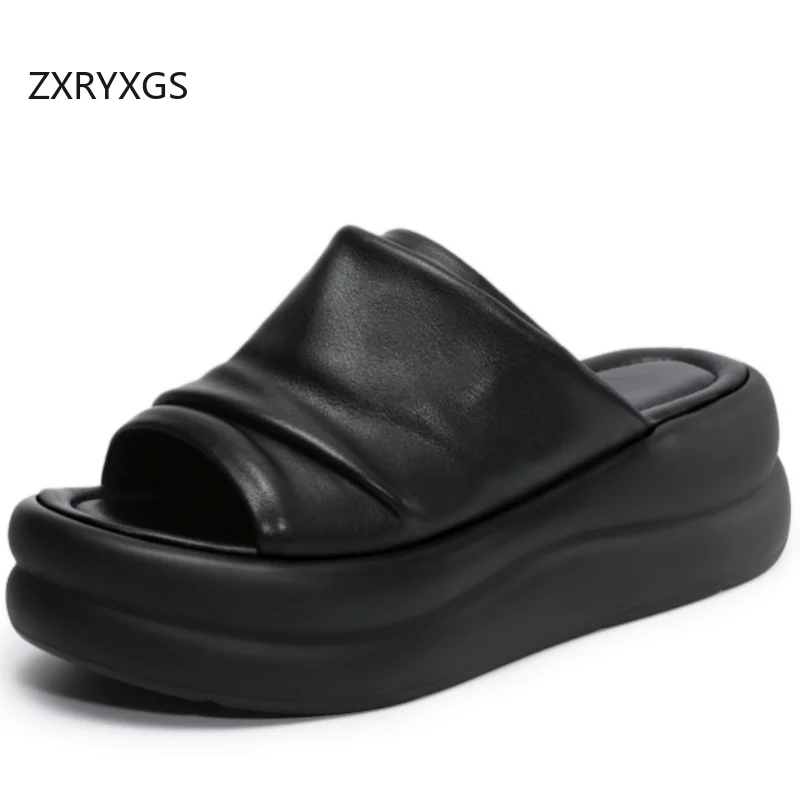 

ZXRYXGS 2026 Летние женские шлепанцы-сабо из натуральной кожи с платформой и складками, увеличивающие рост, для улицы