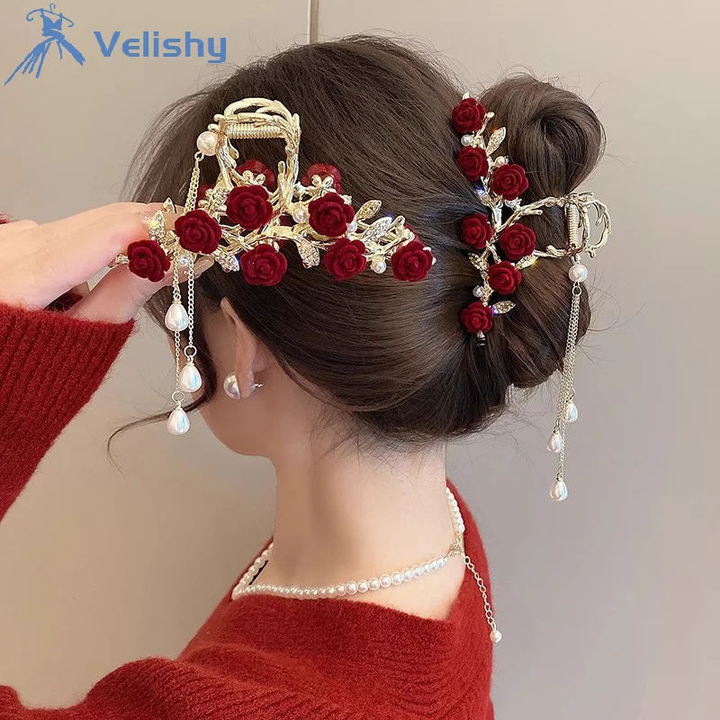 แฟชั่นElegant Roseพู่ผมClawsสําหรับหญิงสาวหวานอเนกประสงค์Sharkคลิปประณีตอุปกรณ์เสริมผมของขวัญ