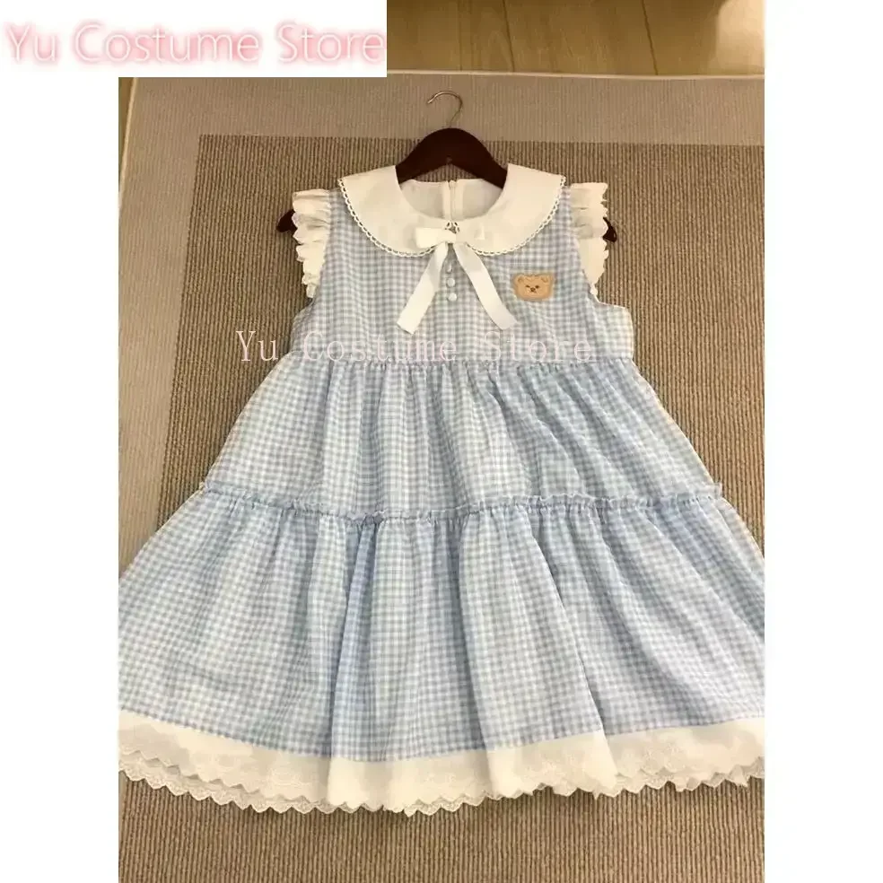 

2025 Vestidos De Mujer Japanese Cute Dress for Women Embroidery Bear Patchwork Lace Loose Robe Femme Casual Chic Plaid Dresses
