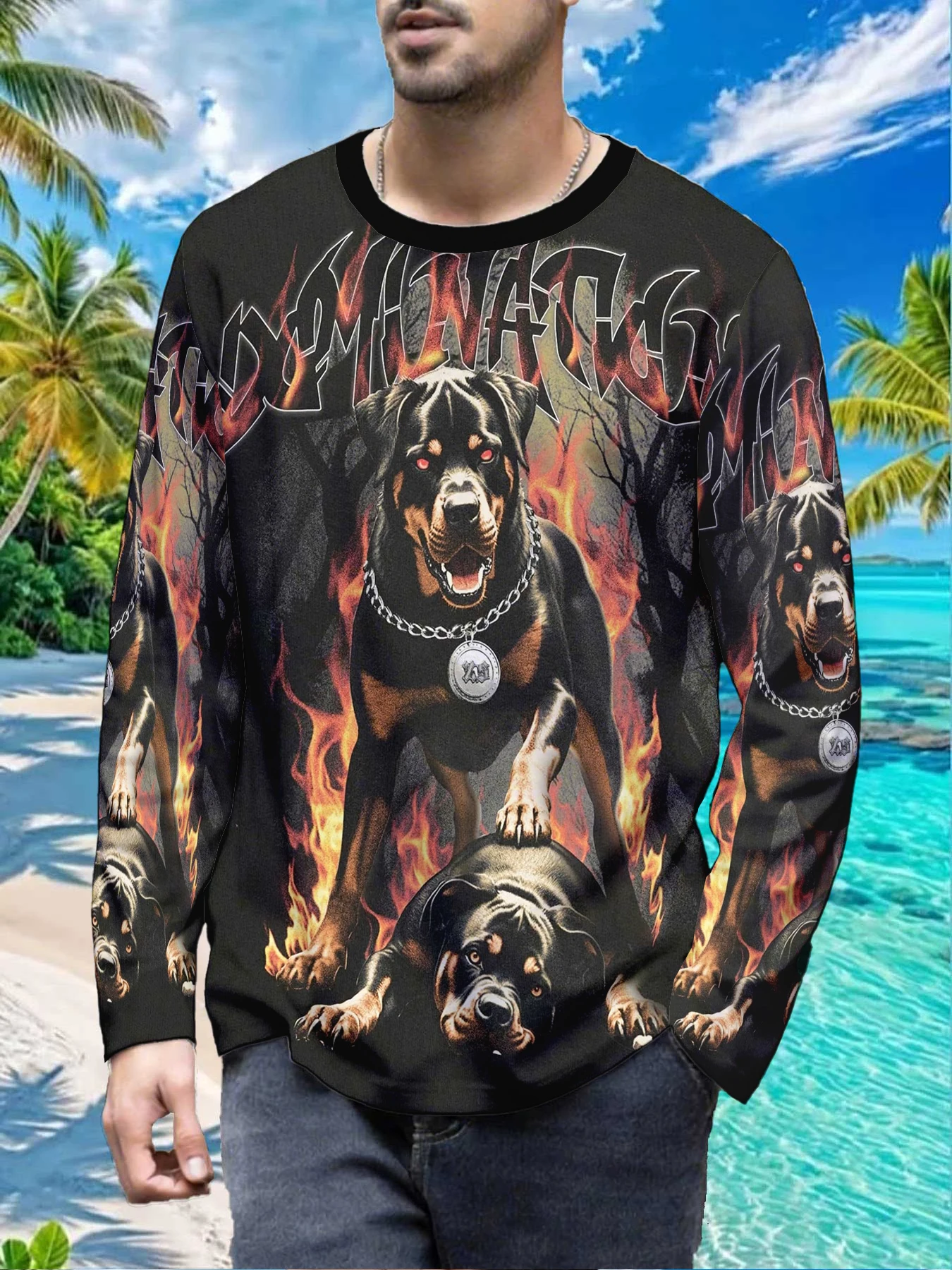 Vintage Cool Rottweiler Flame Domination Mens Polyester Long Sleeve T Shirt Rottweiler Fire Print Graphic Tee Casual Streetwear
