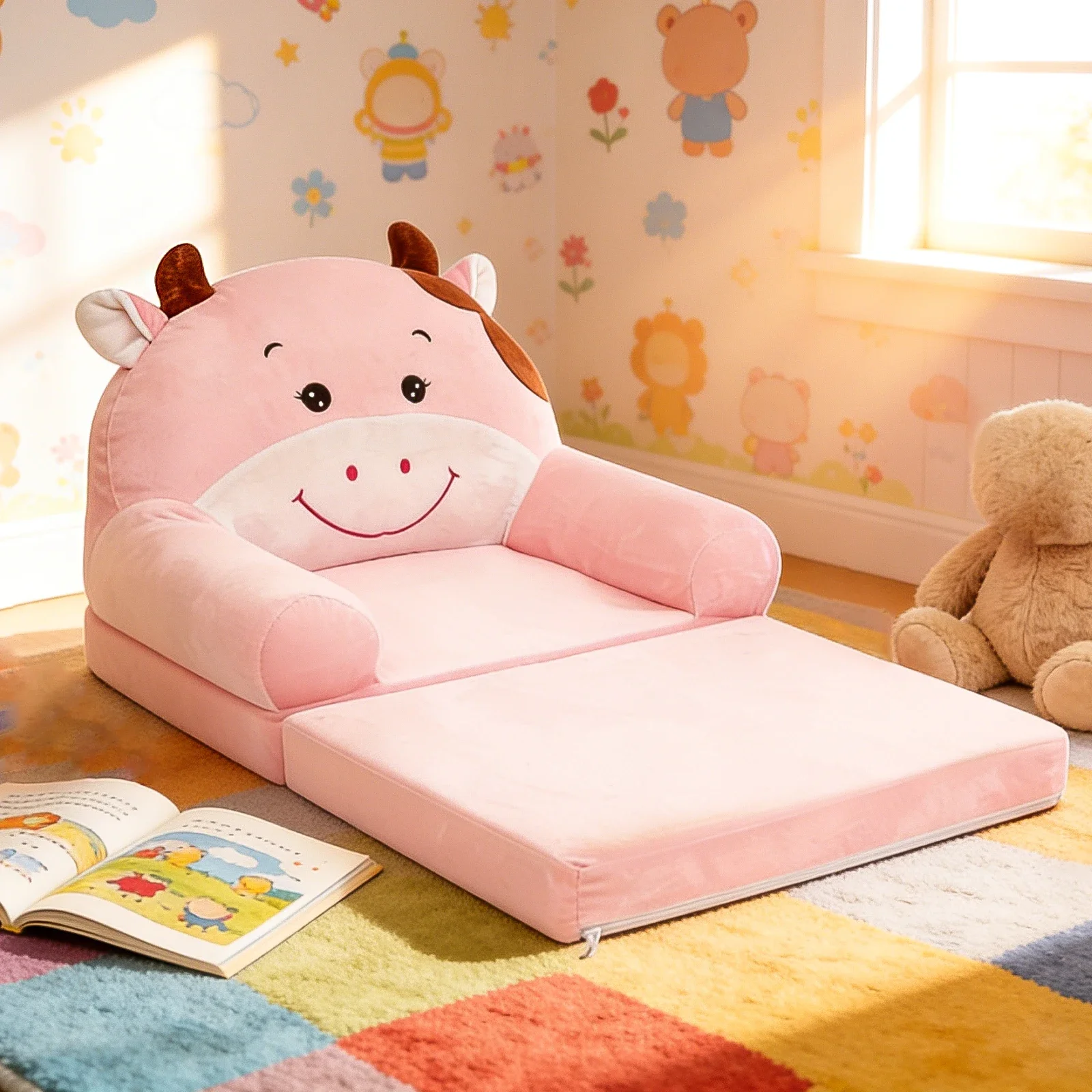 Foldable Kids Sofa Baby Seat Chair Foam Filled Toddler Sleeping Couch Reading Armchair for Reading Relaxing Nursery Bedroom