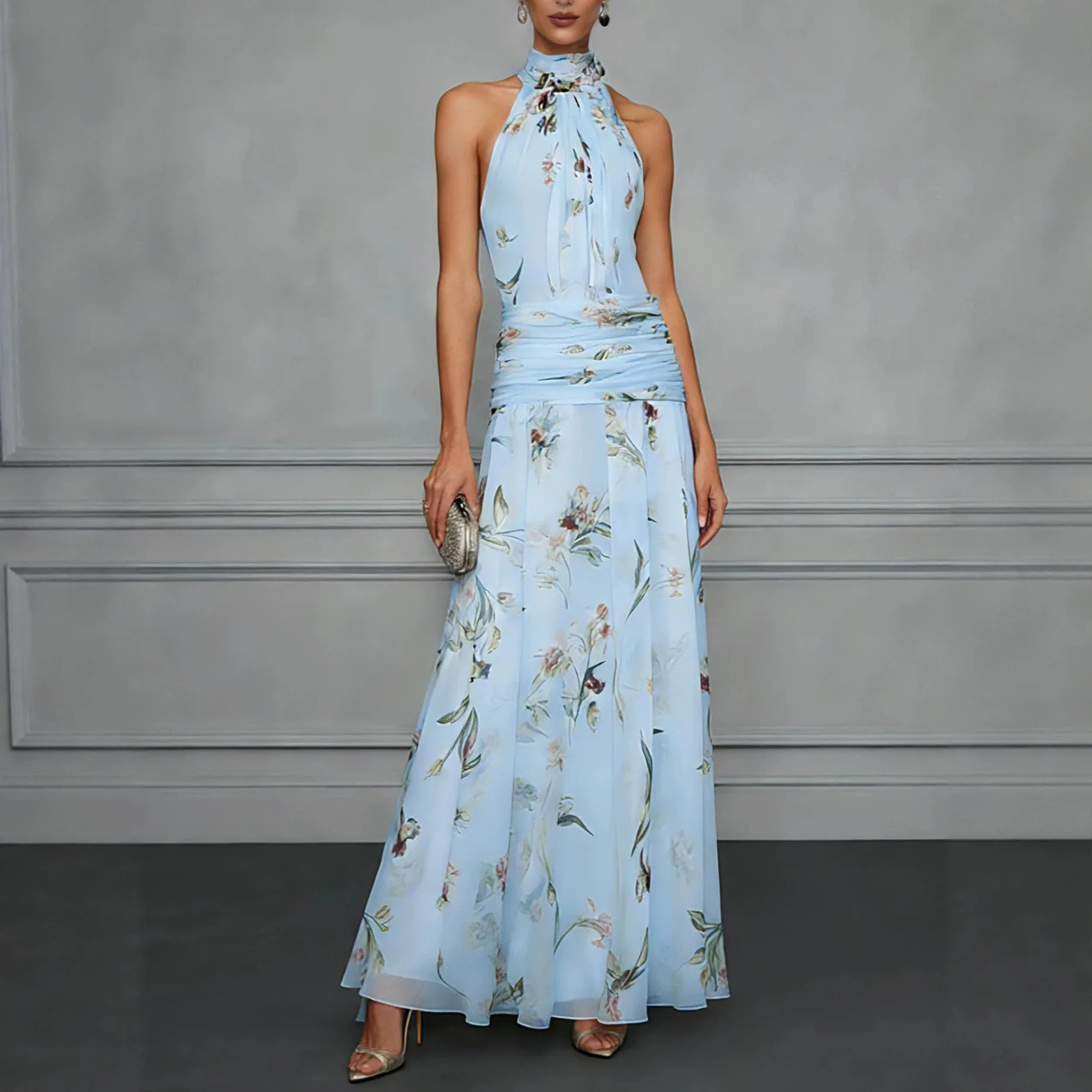 MsChuh Women's Dresses Fashion Floral Print Female Casual Vacation Party Dresses Halter Sleeveless High Waist Bohemian Dress