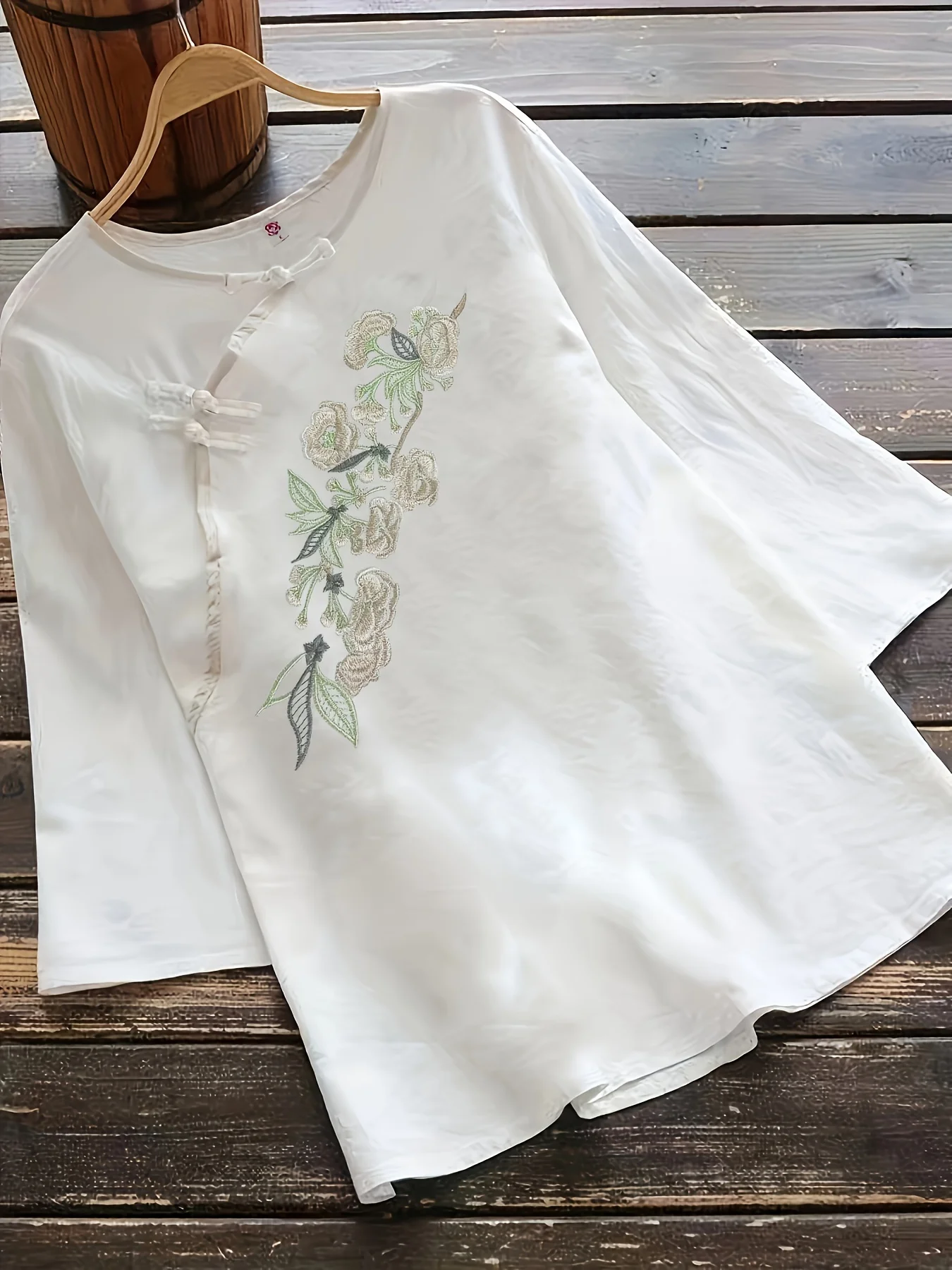 Embroidered Tang Suit T-Shirt, Chinese Traditional Top, Loose Casual Top For Spring & Summer, Women\'s Clothing