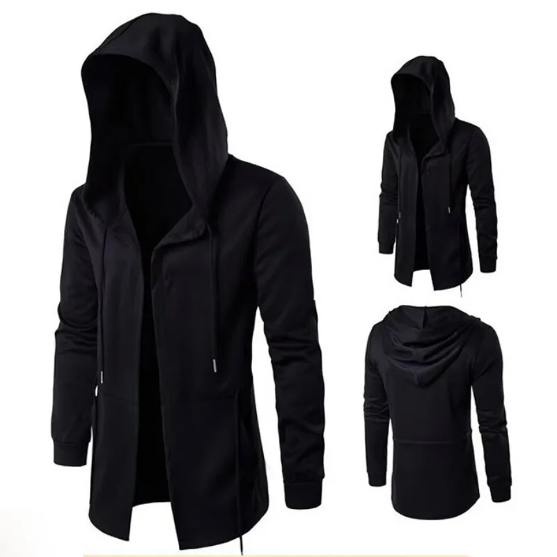 KIDWHXR Herrenmantel Herbst Streetwear Einfarbiger Kapuzen-Trenchcoat Schlanker Mittellanger Langarm Atmungsaktiver Lässiger Herren-Überzieher – Detail 2