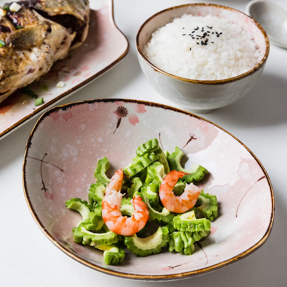 Japanese Rice Salad Soup Bowl Dessert Pasta Bowl Steak Plate Serving Baking Dish Cherry Blossom Hand-painted Ceramic Tableware