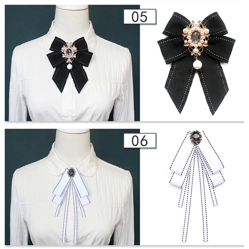New Korean Women's Bow Tie Brooch Black Rhinestone Pearl Shirt Collar Pins Fashion Bowknot Bowtie Ribbon Wedding Party Necktie