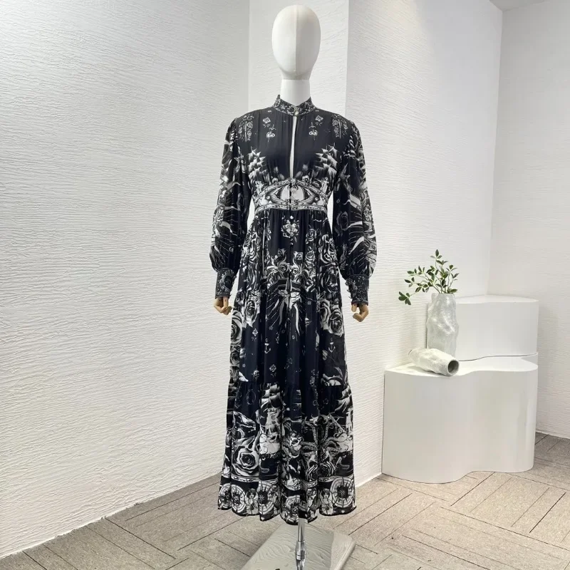 Women's Midi Dress Black Long Sleeve Stand Collar Floral Print Pleat Diamonds High Quality for 2024 New Arrivals Holiday Dresses