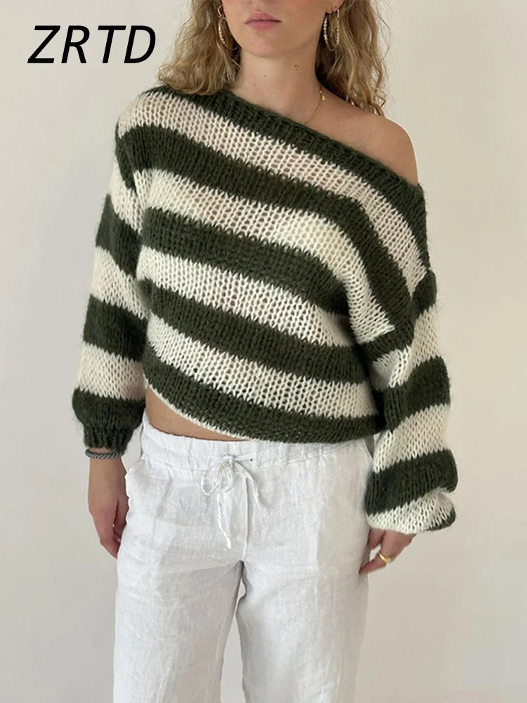 Off Shoulder Knitted Striped Sweater Women Loose Casual Slash Neck Long Sleeve Female Pullovers 2024 Autumn Lady Street Jumper